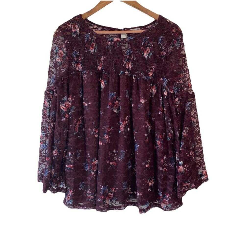Burgundy Floral Lace Babydoll Top XL Bell Sleeve Smocked Fairy Grunge Whimsigoth